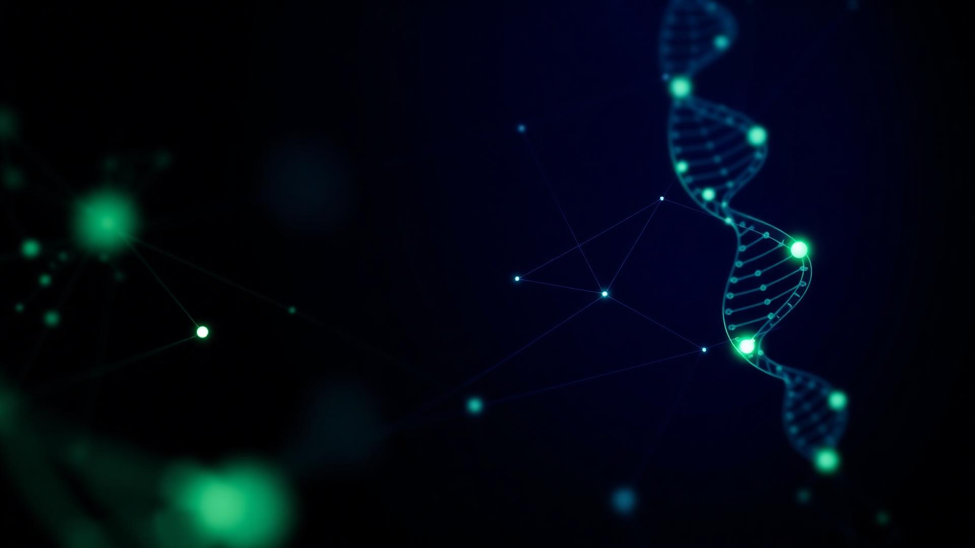 A glowing DNA helix and network nodes on deep navy.